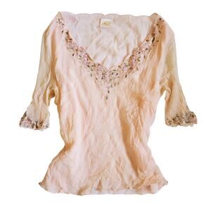 Y2k Euro Fairycore Silk Top Sheer Lined Floral Embroidered Baby Pink - Medium